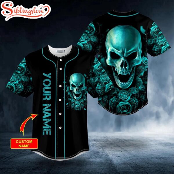 Custom Name Dark Aquamarine Color Roses Sugar Skull Halloween Baseball Jersey Shirt