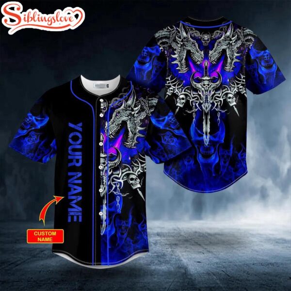 Custom Name Dark Blue Dragon With Skull Sword Halloween Baseball Jersey Shirt