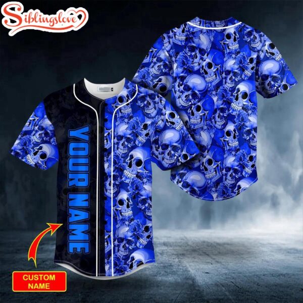 Custom Name Dark Blue Flame Pile Skull Halloween Baseball Jersey Shirt