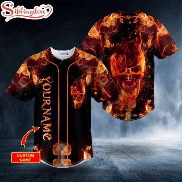 Custom Name Dark Fire Skull Halloween Baseball Jersey Shirt