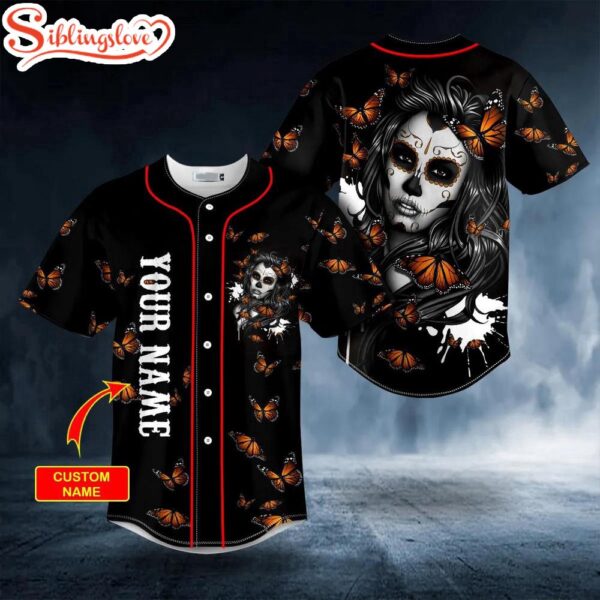 Custom Name Day Of The Death Pattern Butterfly Girl Skull Halloween Baseball Jersey Shirt