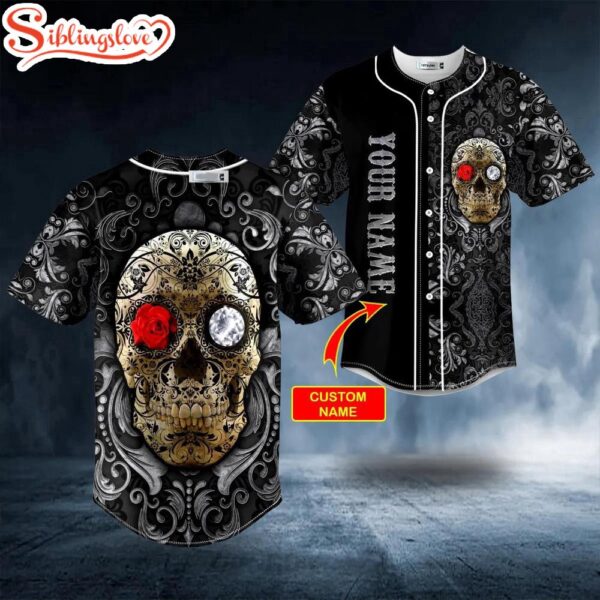 Custom Name Day Of The Death Rose And Diamond Skull Halloween Baseball Jersey Shirt