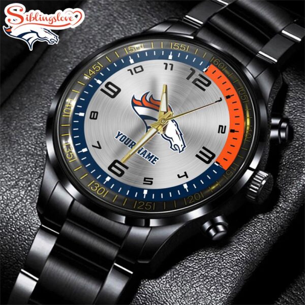 Custom Name  Denver Broncos NFL Black Stainless Steel Watch Gifts For Fans