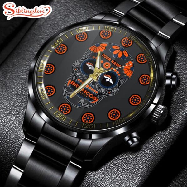 Custom Name  Denver Broncos NFL Men Black Stainless Steel Watch Gift For Fans