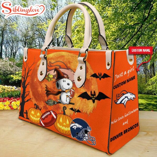 Custom Name Denver Broncos NFL Snoopy Halloween Women Leather Hand Bag