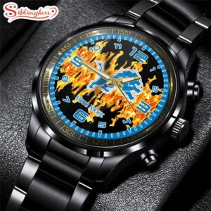 Custom Name Detroit Lions NFL 3D Men Black Stainless Steel Watch Gift For Fans