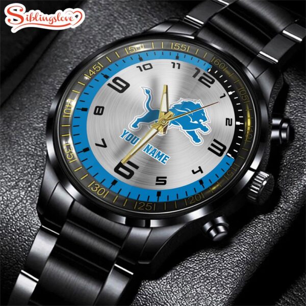 Custom Name Detroit Lions NFL Black Stainless Steel Watch Gifts For Fans