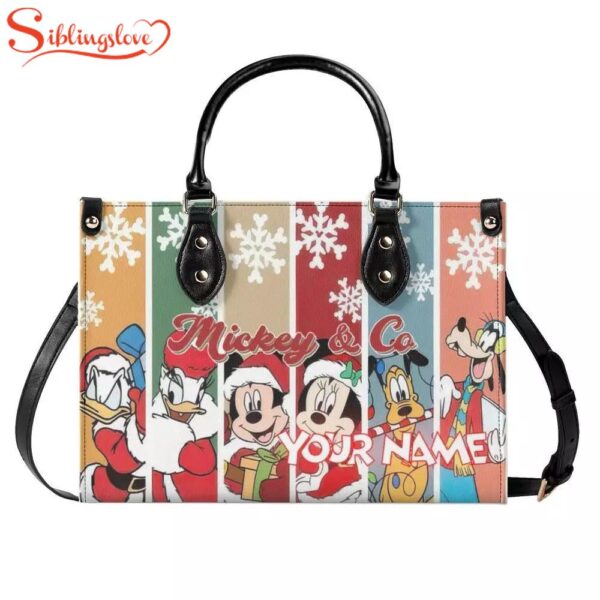 Custom Name Disney Mickey Mouse Christmas Women Leather Handbag