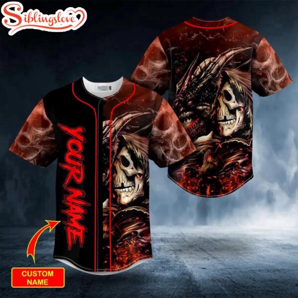 Custom Name Dragon Grim Reaper Skull Halloween Baseball Jersey Shirt