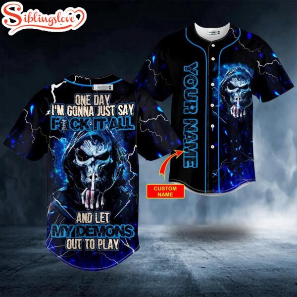 Custom Name F It All Middle Finger Grim Reaper Blue Lightning Skull Halloween Baseball Jersey Shirt