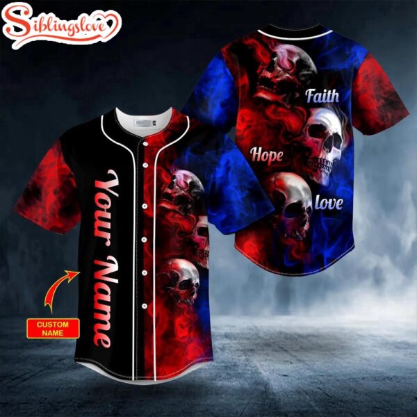 Custom Name Faith Hope Love Smokey Skull Halloween Baseball Jersey Shirt