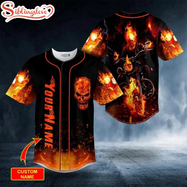 Custom Name Fire Ghost Racer Skull Halloween Baseball Jersey Shirt