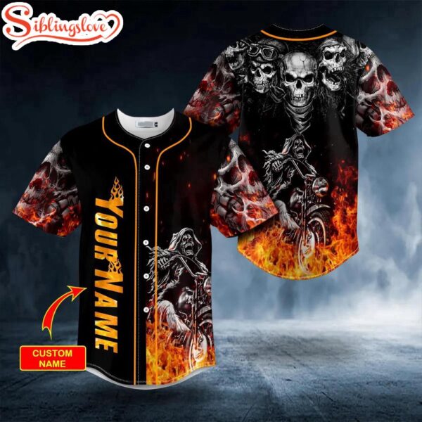 Custom Name Fire Ghost Rider Biker Skull Halloween Baseball Jersey Shirt