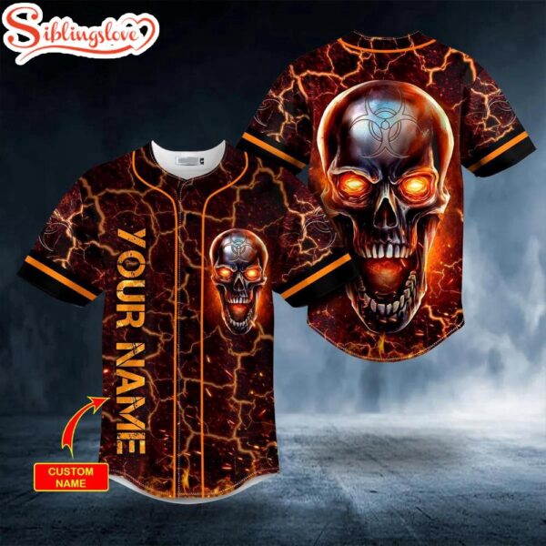 Custom Name Fire Metallic Biohazard Skull Halloween Baseball Jersey Shirt