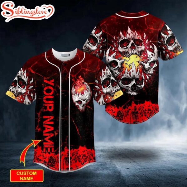 Custom Name Flame Cracked Triple Skull Halloween Baseball Jersey Shirt