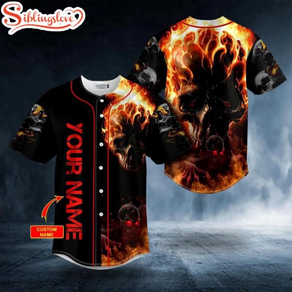 Custom Name Flaming Dark Skull Halloween Baseball Jersey Shirt