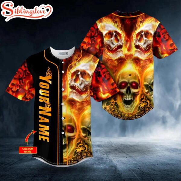 Custom Name Flaming Skull Halloween Baseball Jersey Shirt