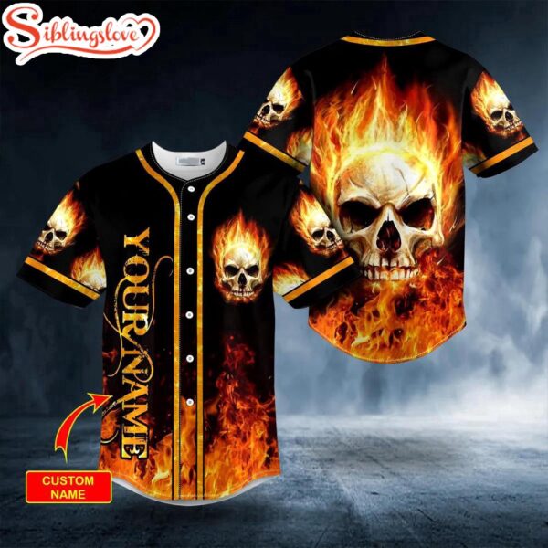 Custom Name Giant Fire Skull Halloween Baseball Jersey Shirt