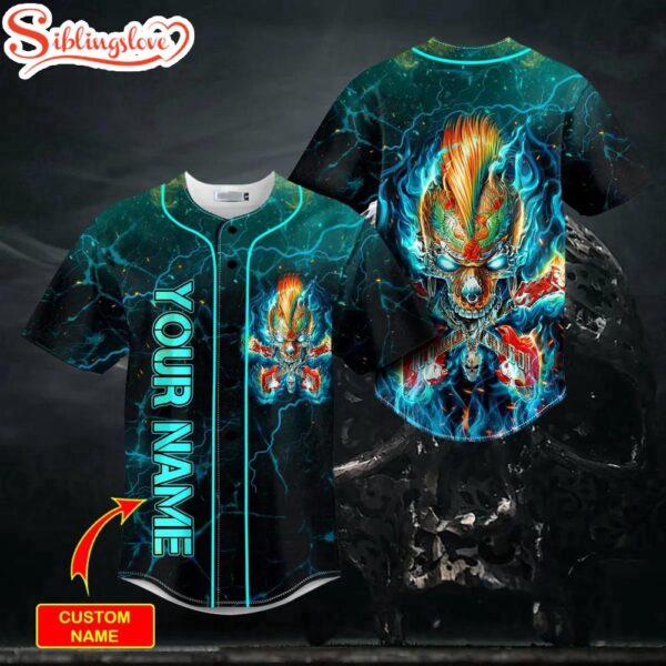 Custom Name Glow In The Dark Guitar Rock Fire Skull Halloween Baseball Jersey Shirt