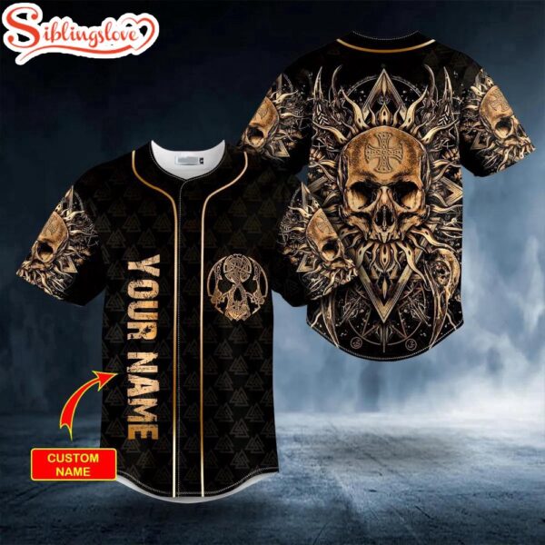 Custom Name Gold Cool Abis Satanic Skull Halloween Baseball Jersey Shirt