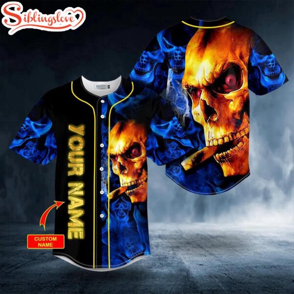 Custom Name Golden Smoking Blue Smoke Skull Halloween Baseball Jersey Shirt