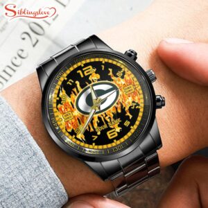 Custom Name Green Bay Packers NFL 3D Men Black Stainless Steel Watch Gift For Fans