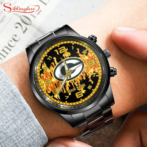 Custom Name  Green Bay Packers NFL 3D Men  Black Stainless Steel Watch Gift For Fans