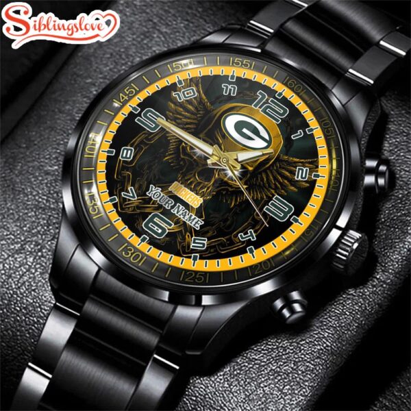 Custom Name  Green Bay Packers NFL 3D Football Sport Black Stainless Steel Watch