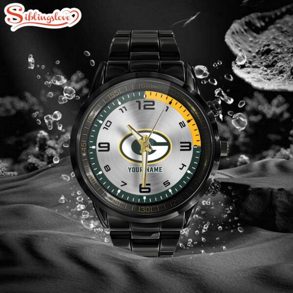 Custom Name Green Bay Packers NFL Black Stainless Steel Watch Gifts For Fans