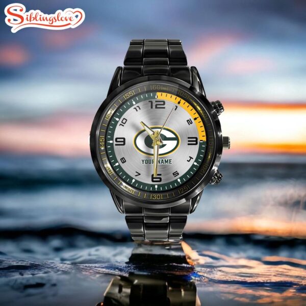 Custom Name Green Bay Packers NFL Black Stainless Steel Watch Gifts For Fans