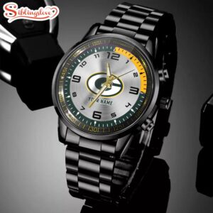 Custom Name Green Bay Packers NFL Black Stainless Steel Watch Gifts For Fans