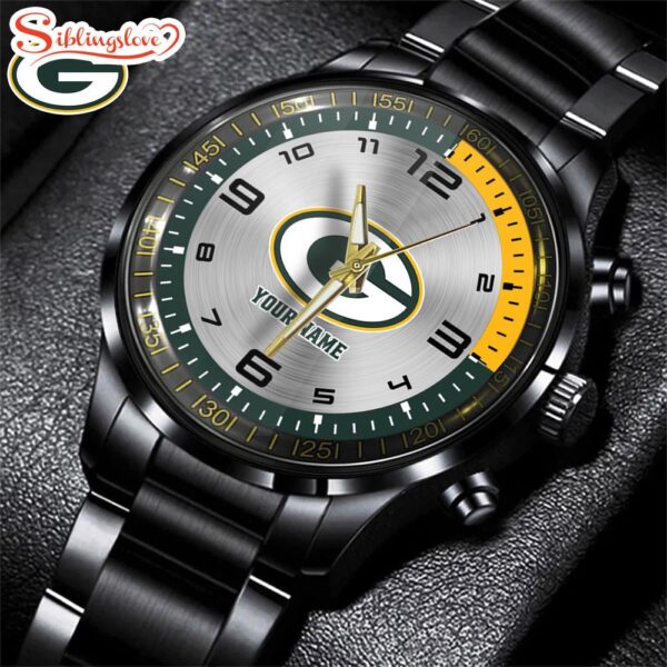 Custom Name  Green Bay Packers NFL Black Stainless Steel Watch Gifts For Fans