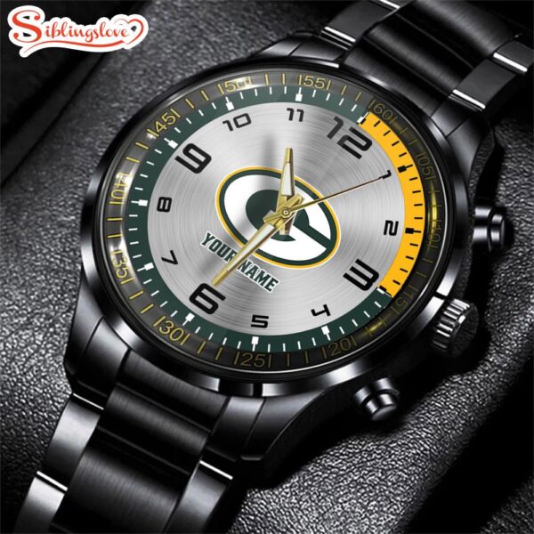 Custom Name Green Bay Packers NFL Black Stainless Steel Watch Gifts For Fans