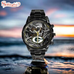 Custom Name Green Bay Packers NFL Men Black Stainless Steel Watch Gift For Fans