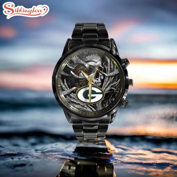 Custom Name  Green Bay Packers NFL Men Black Stainless Steel Watch Gift For Fans