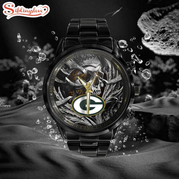 Custom Name  Green Bay Packers NFL Men Black Stainless Steel Watch Gift For Fans