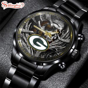 Custom Name Green Bay Packers NFL Men Black Stainless Steel Watch Gift For Fans