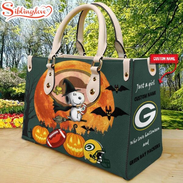 Custom Name Green Bay Packers NFL Snoopy Halloween Women Leather Hand Bag