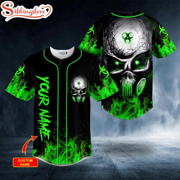 Custom Name Green Eyes Biohazard Skull Halloween Baseball Jersey Shirt