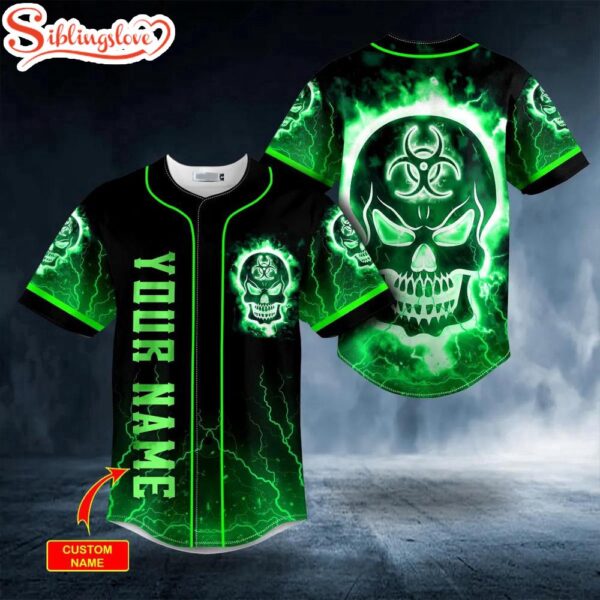 Custom Name Green Fire Biohazard Skull Halloween Baseball Jersey Shirt