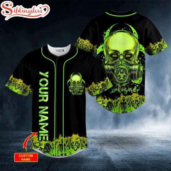 Custom Name Green Gas Mask Biohazard Skull Halloween Baseball Jersey Shirt