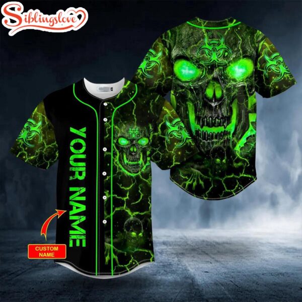 Custom Name Green Lava Skull Halloween Baseball Jersey Shirt