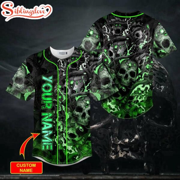 Custom Name Green Neon Trap Skull Halloween Baseball Jersey Shirt