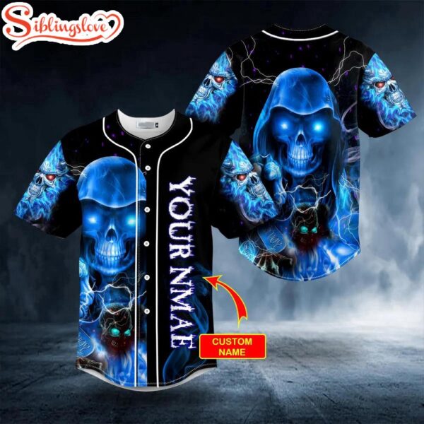 Custom Name Grim Reaper Blue Fire Lightning Skull Halloween Baseball Jersey Shirt