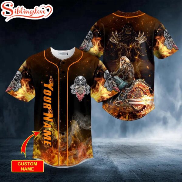 Custom Name Grim Reaper Ghost Racer Fire Skull Halloween Baseball Jersey Shirt