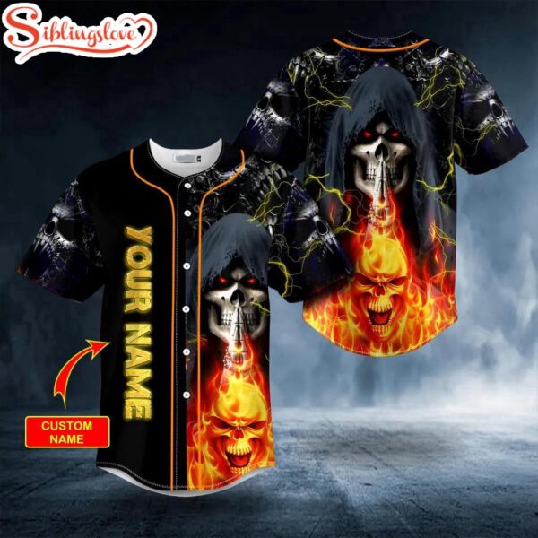 Custom Name Grim Reaper Praying Lightning Flaming Hell Skull Halloween Baseball Jersey Shirt