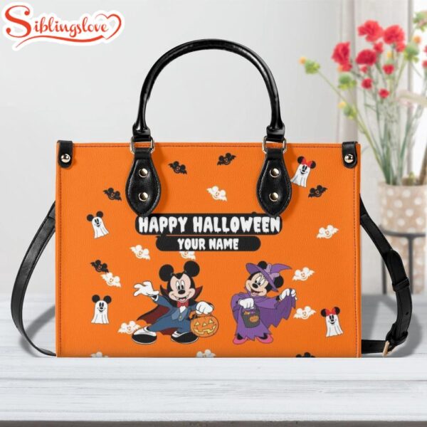 Custom Name Happy Halloween Mickey & Minnie Leather Handbag