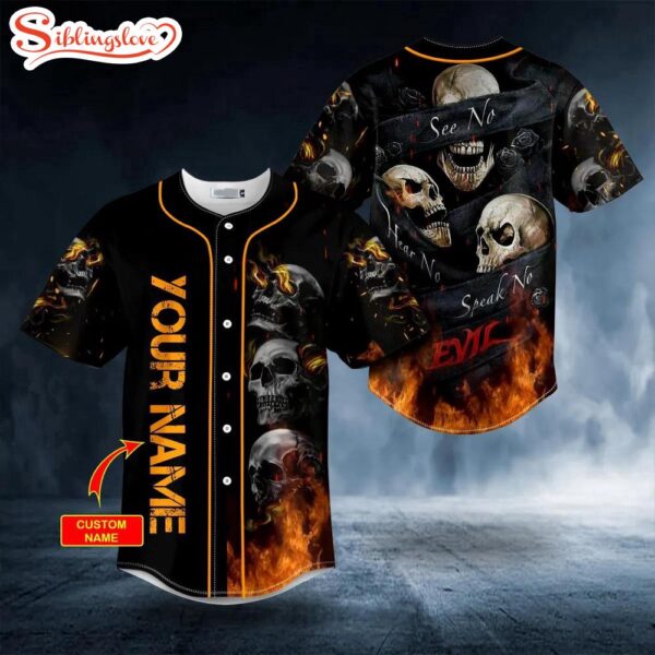 Custom Name Hear No See No Speak No Evil Flame Skull Halloween Baseball Jersey Shirt