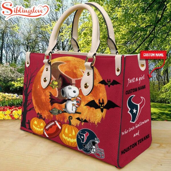 Custom Name Houston Texans NFL Snoopy Halloween Women Leather Hand Bag