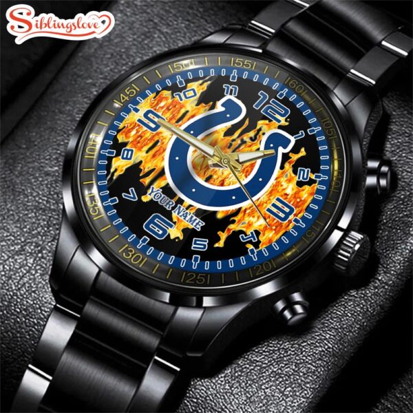 Custom Name  Indianapolis Colts NFL 3D Men  Black Stainless Steel Watch Gift For Fans